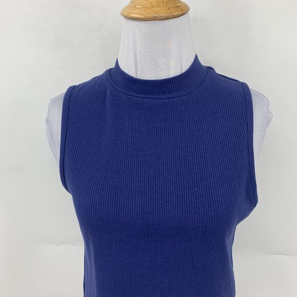 GB Fashion Francescas Tank Womens M Navy Ribbed Sleeveless Lettuce Hem Mock Neck - Picture 3 of 13